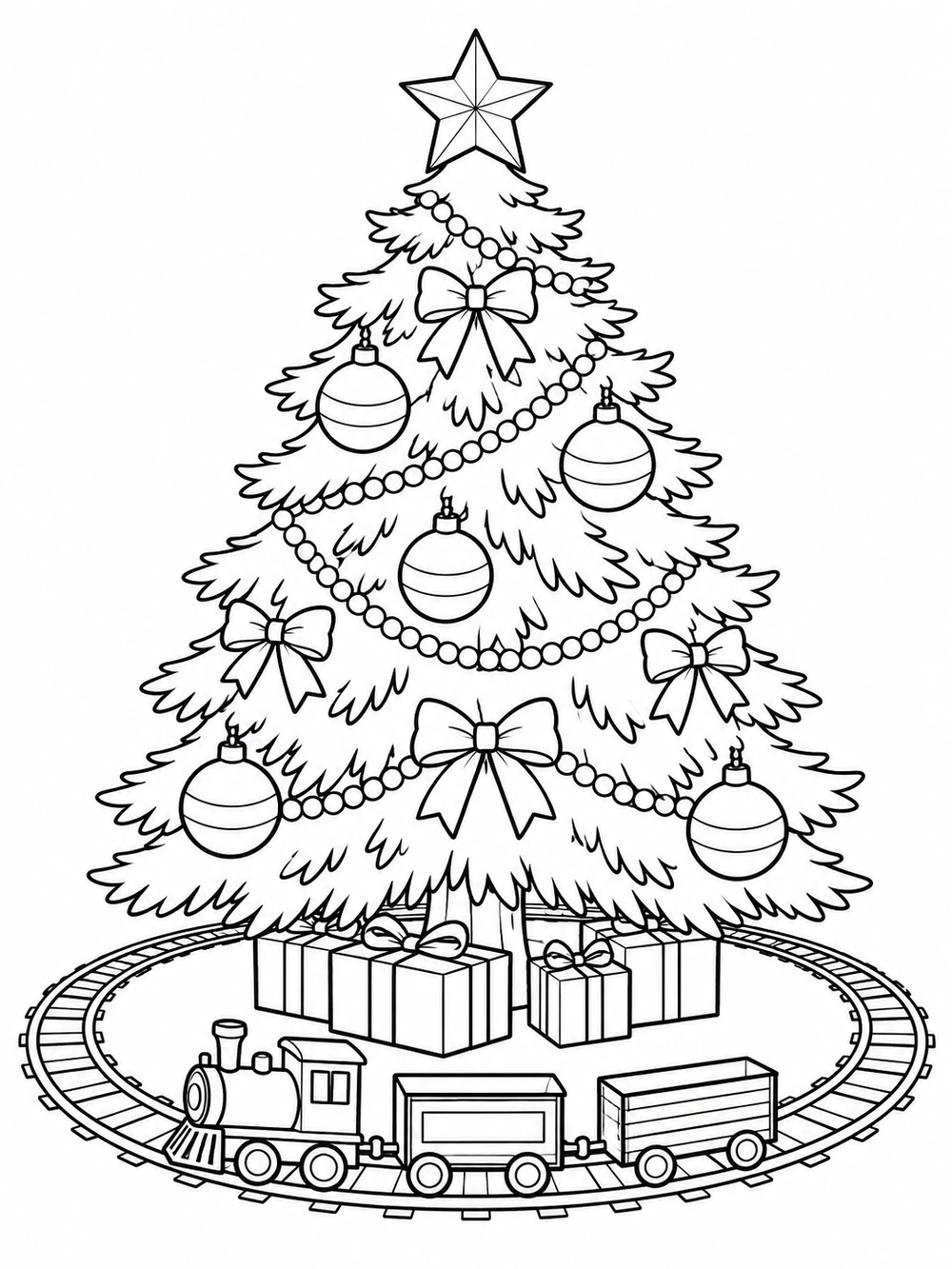 Portrait Christmas tree coloring page with a star, baubles, presents, and a three-car toy train on a circular track around the tree.