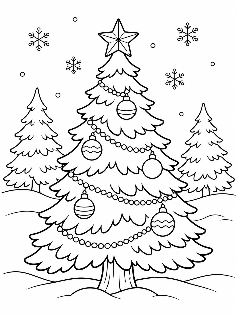 Christmas tree coloring page showing a large decorated evergreen with a star and ornaments, two plain pine trees, rolling snow-covered ground, and snowflakes.