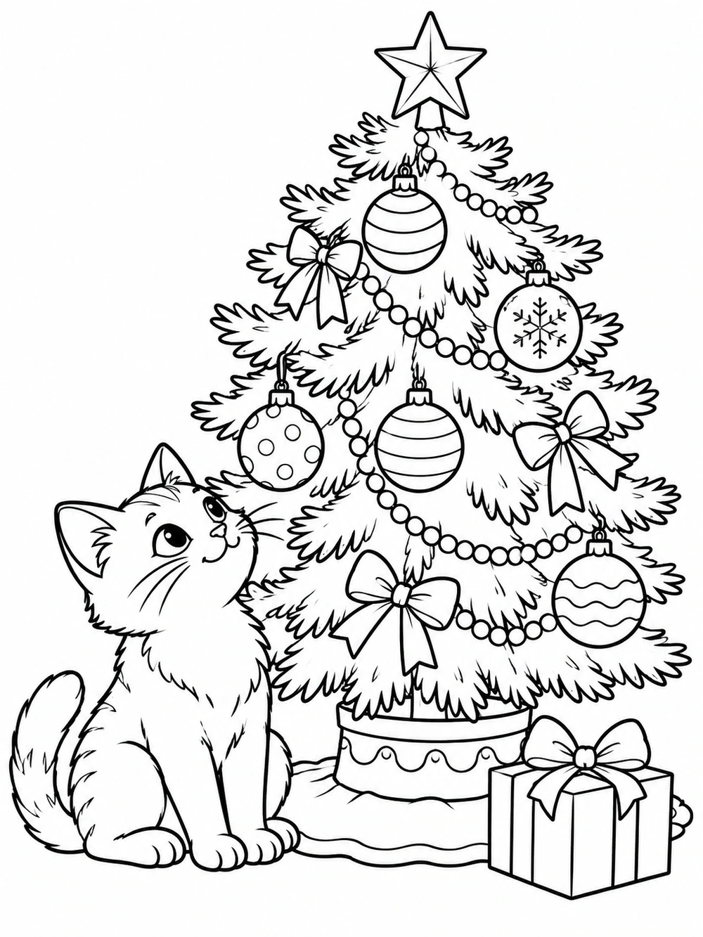 Black-and-white Christmas tree coloring page featuring a seated cat looking up at large ornaments and a wrapped gift.