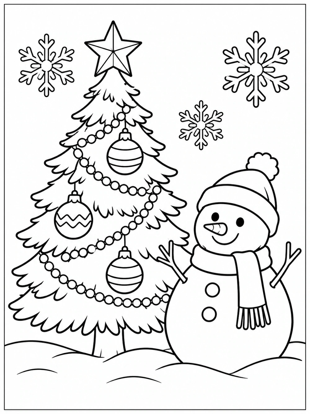 Printable Christmas tree coloring page with a star topper, ornaments, three snowflakes, and a scarf-wearing snowman in a winter hat.