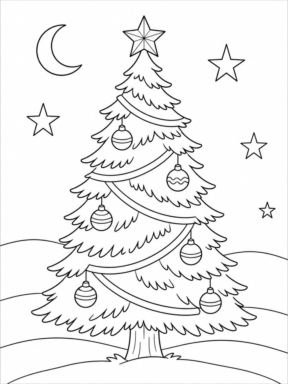 Black-and-white Christmas tree coloring page with a large decorated evergreen, star topper, crescent moon, stars, and rolling hills.