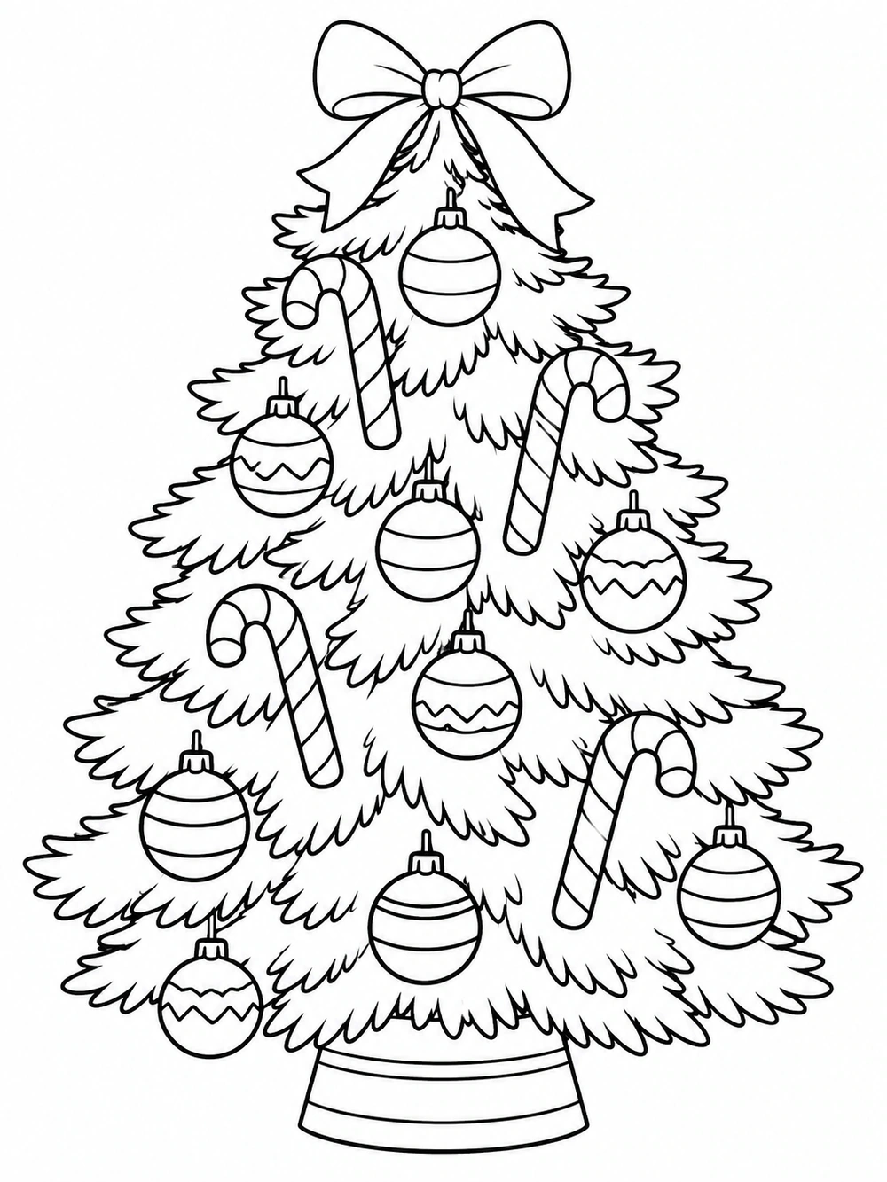 A full evergreen tree coloring page decorated with striped candy canes and round baubles, topped with a large ribbon bow.