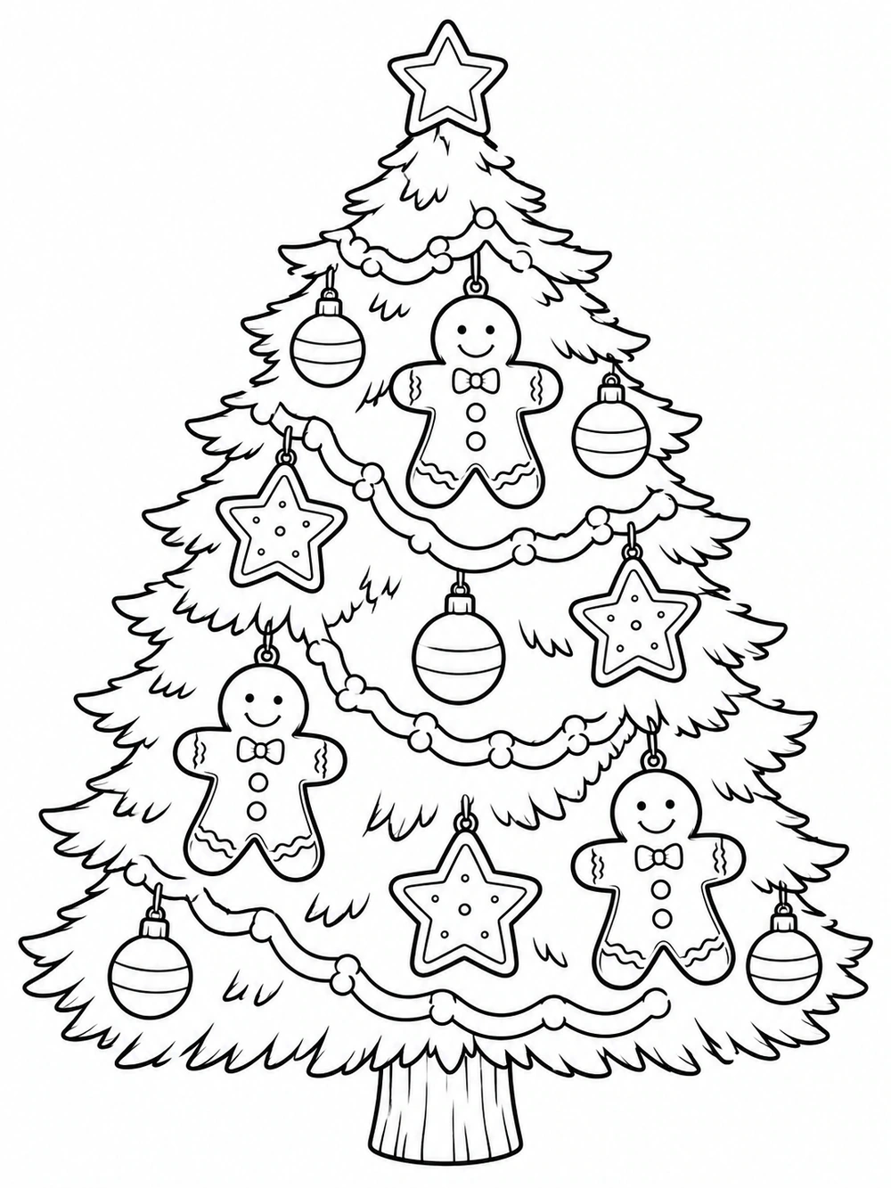 Christmas tree coloring page with gingerbread people, star cookies, garland, ornaments, a star topper, and a clear trunk.