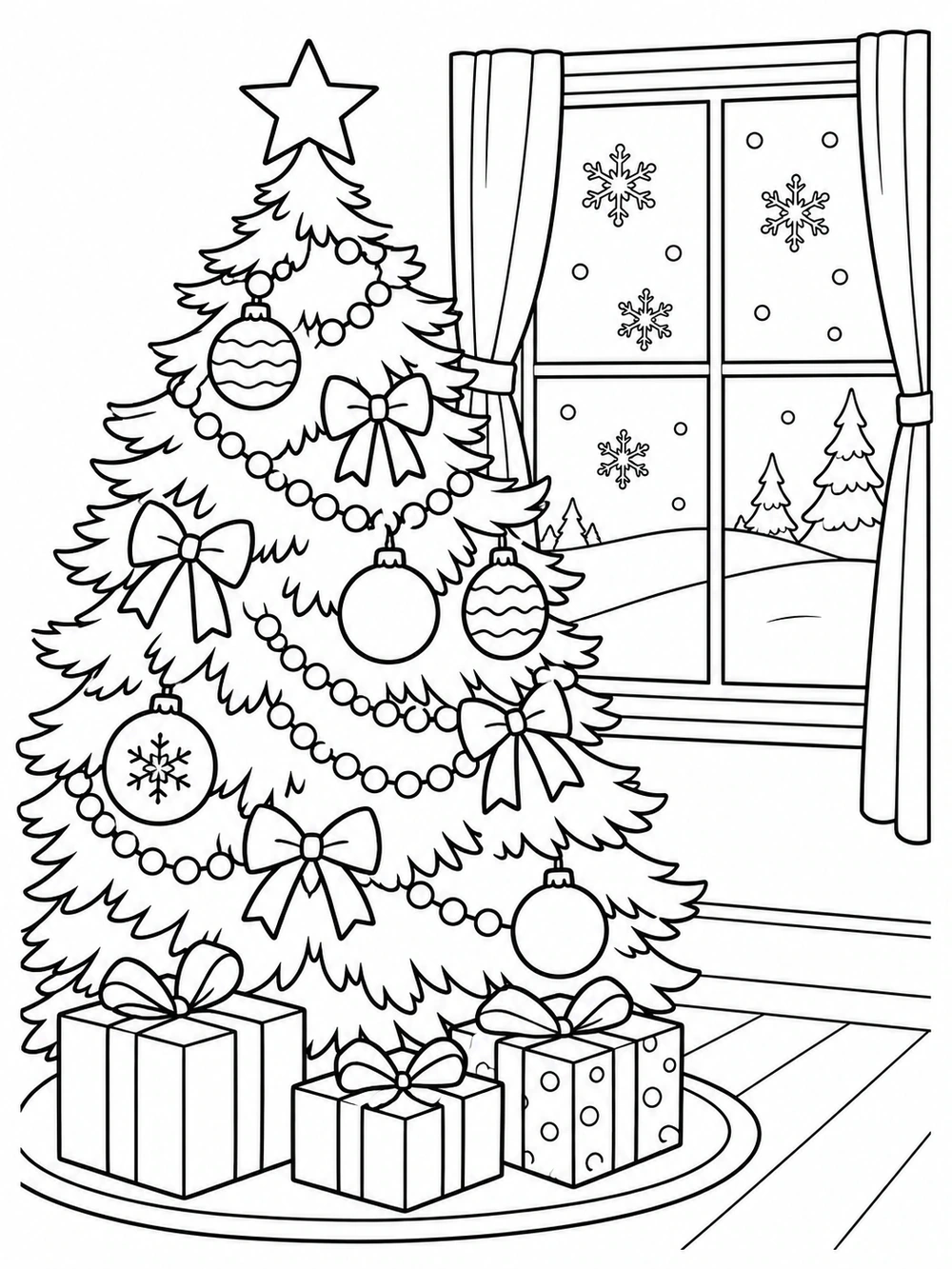 Black-and-white coloring page with a star-topped Christmas tree, ornaments, and presents beside a window with snowflakes and a distant hill.
