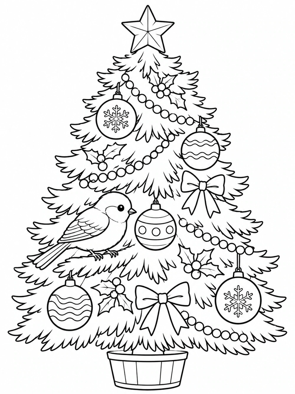 Christmas tree coloring page with a friendly bird perched among large ornaments and garlands.