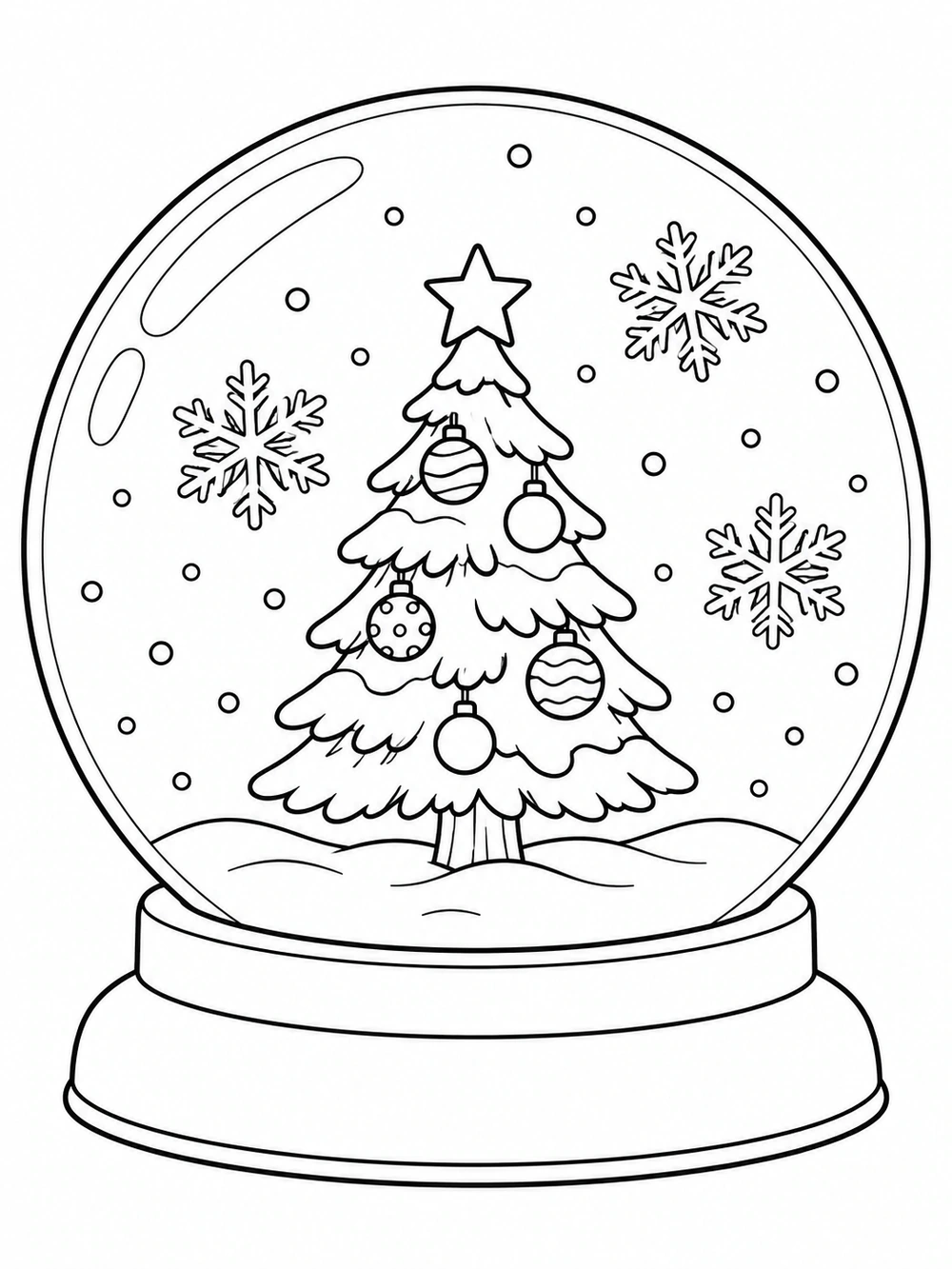 Christmas tree coloring page featuring a decorated evergreen inside a snow globe, with floating snowflakes and a two-tier base.