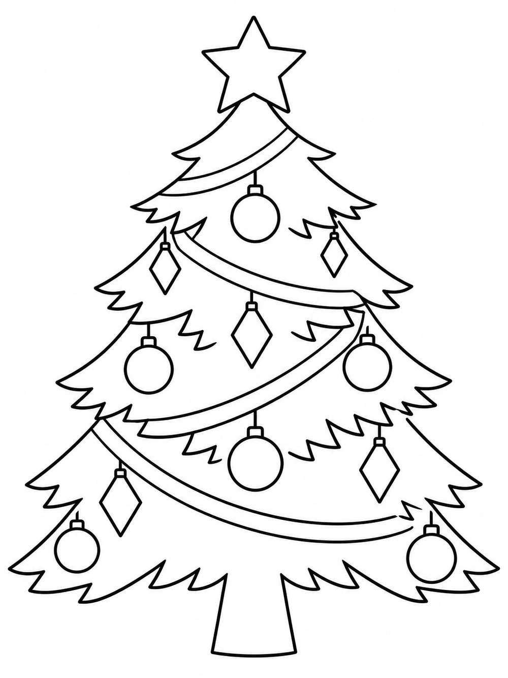 Christmas tree coloring page with layered angular branches, an outlined star, and circle and diamond ornaments.
