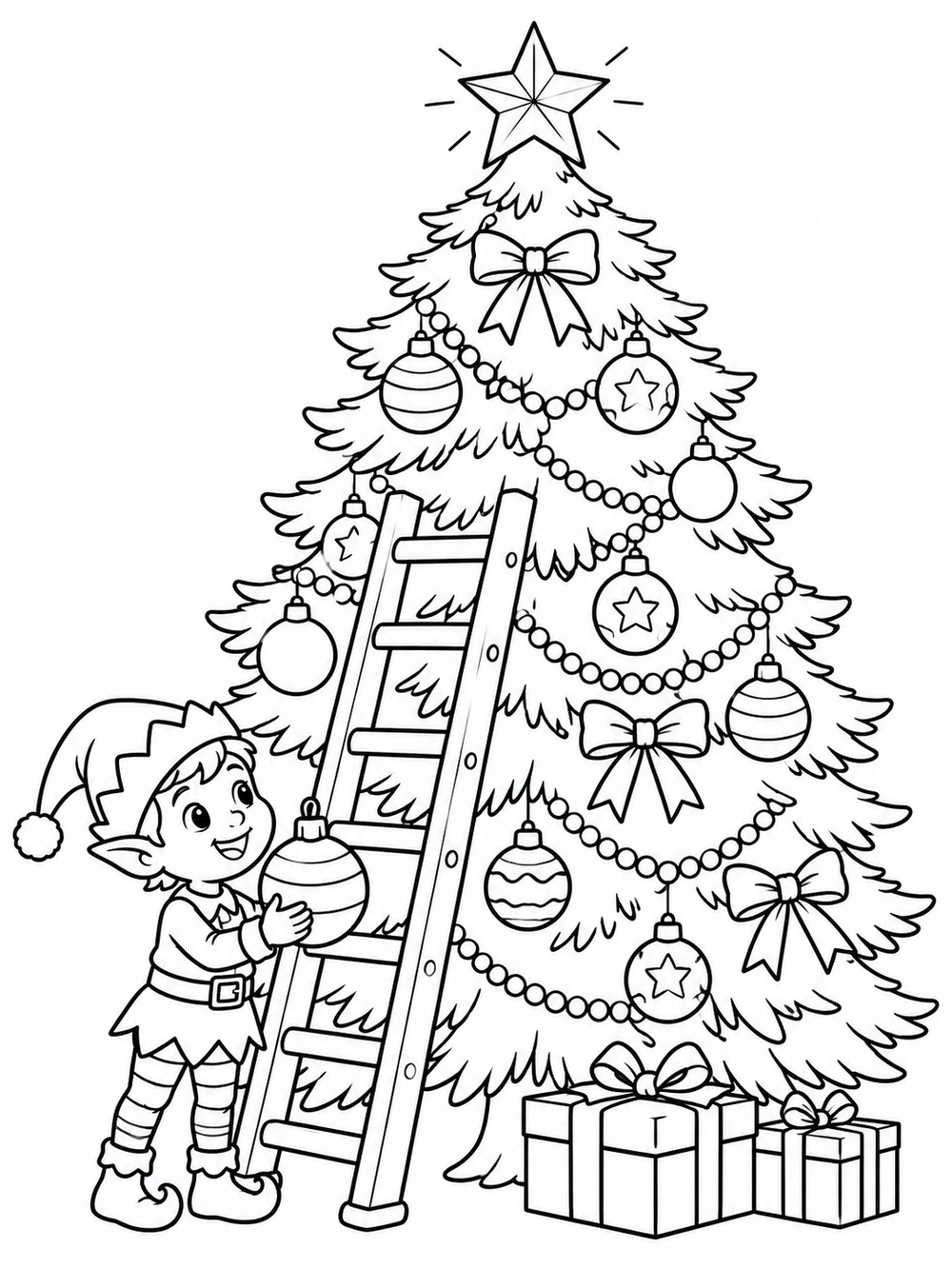 Christmas tree coloring page with a star topper, open baubles, a sturdy ladder, and an elf holding a large ornament with both feet on the ground.