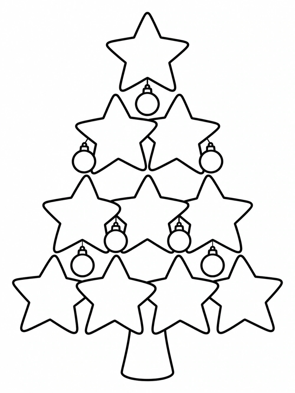 Christmas tree coloring page formed from stacked star shapes, a large star topper, and round ornaments.