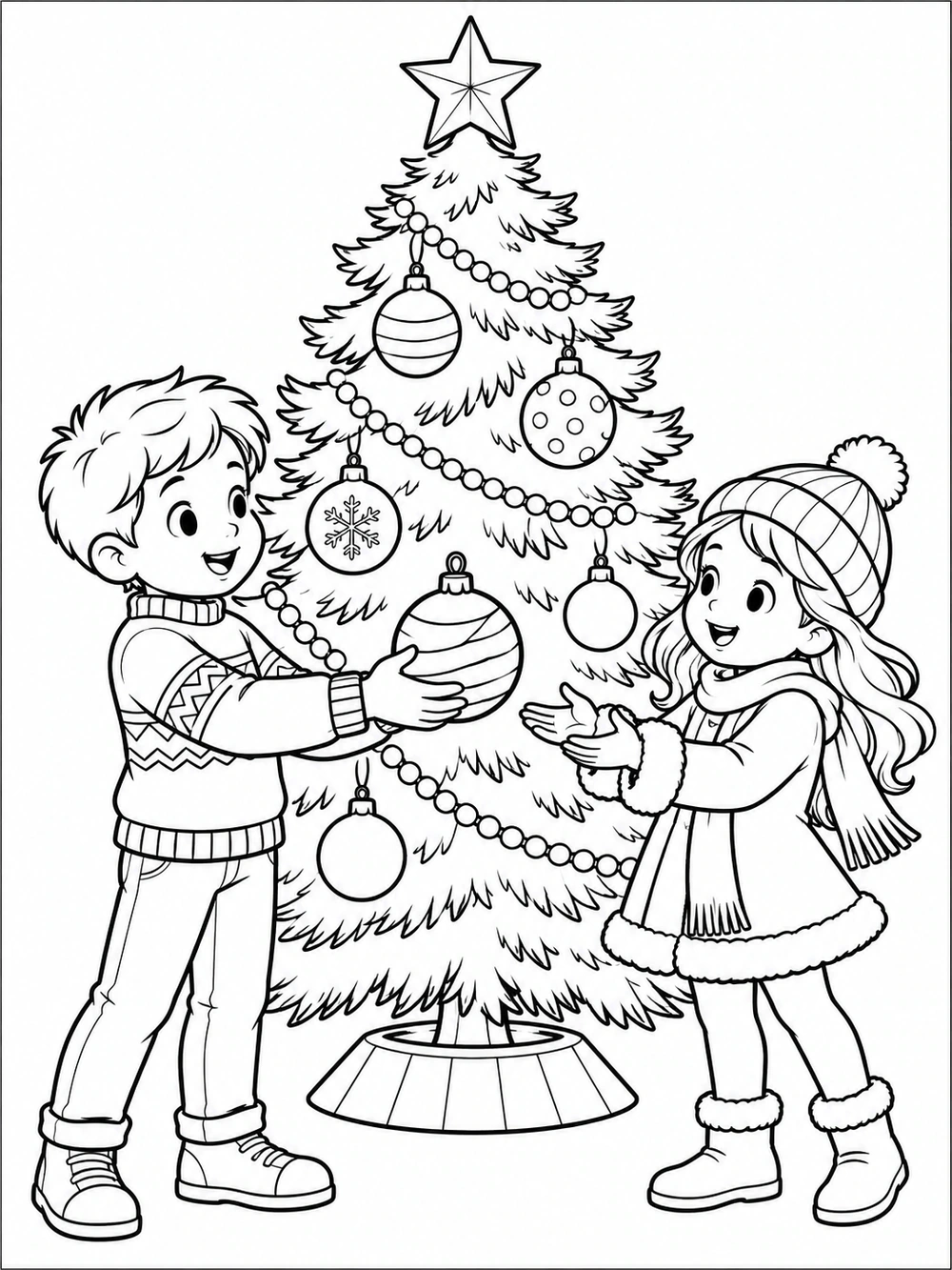 Christmas tree coloring page showing two fully visible children passing a large ornament beneath a starred tree with garland and baubles.