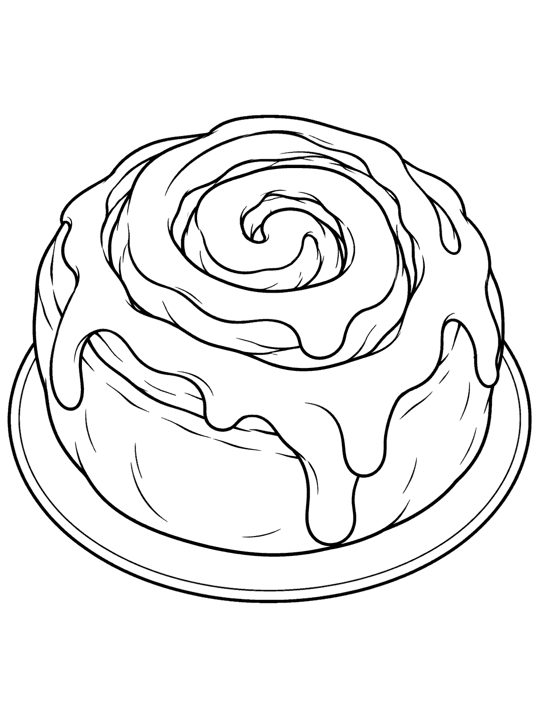 Oversized spiral cinnamon roll with icing on a plate coloring page