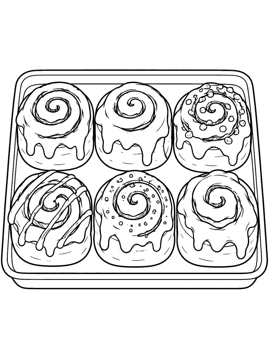 Six cinnamon rolls with varied icing patterns arranged in two rows on a tray coloring page