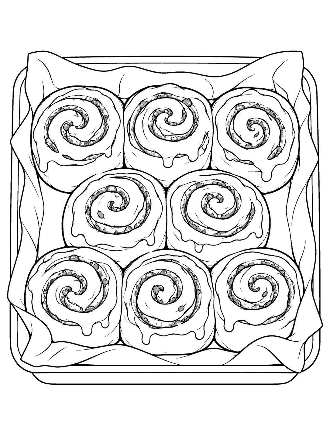 Seven mini cinnamon rolls arranged in a paper-lined baking tin coloring page