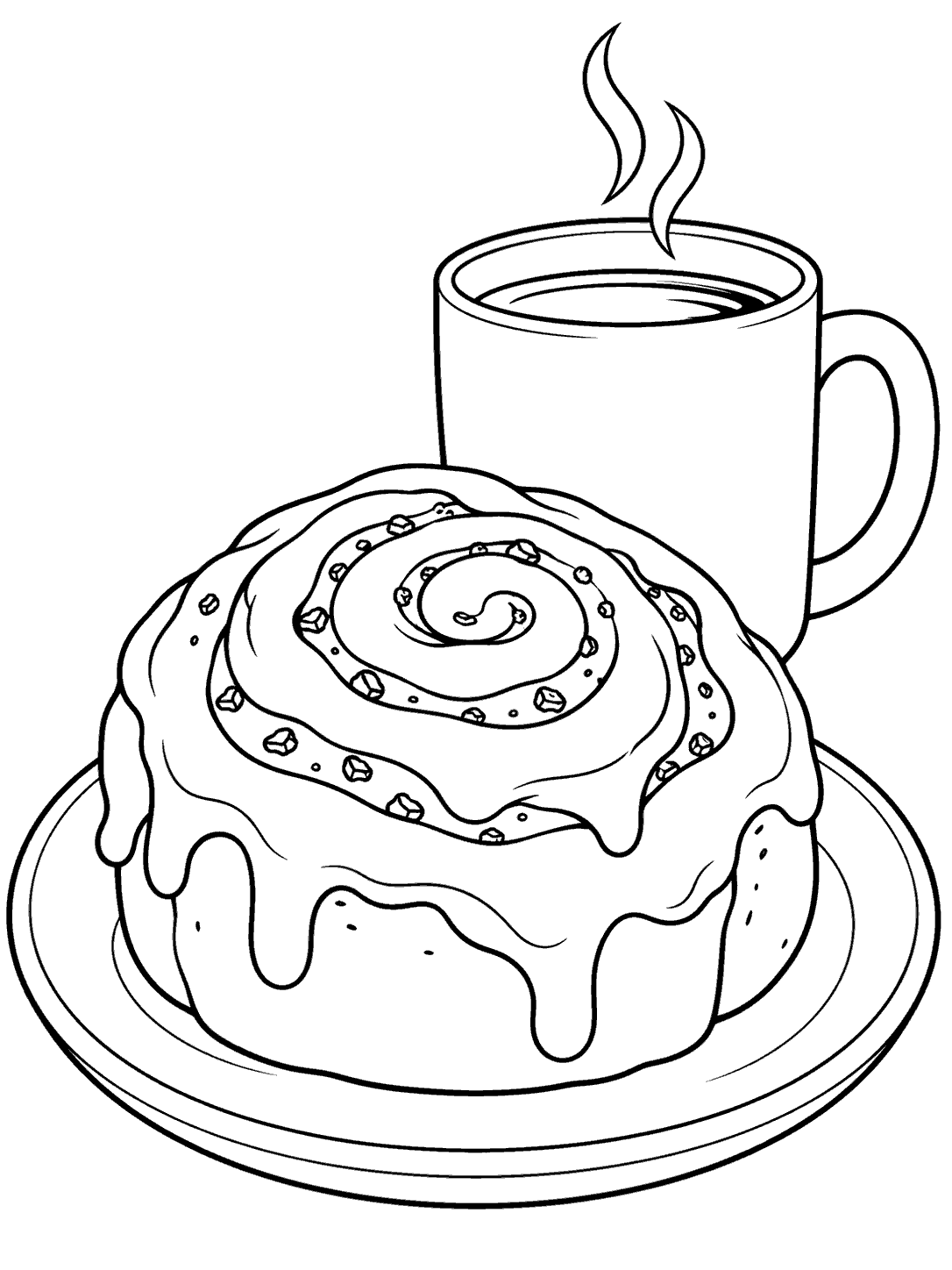Large iced cinnamon roll on a saucer beside a plain coffee mug with two curls of steam, in black-and-white coloring page line art.