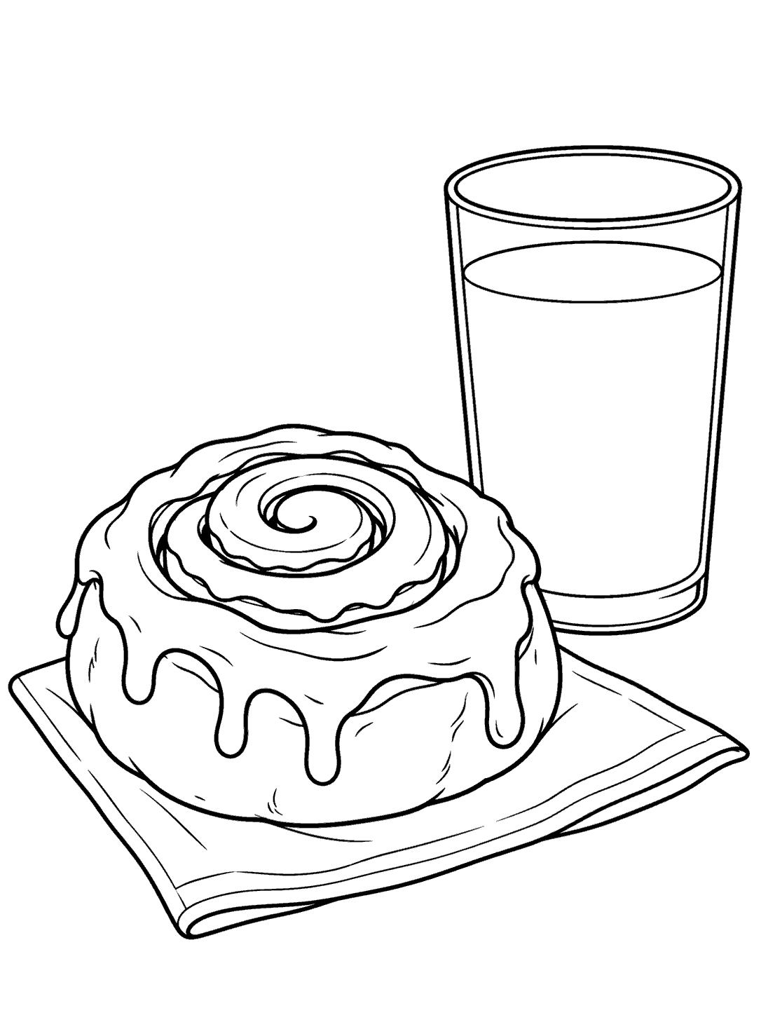 Black outline coloring page of a spiral cinnamon roll on a napkin beside a glass of milk.