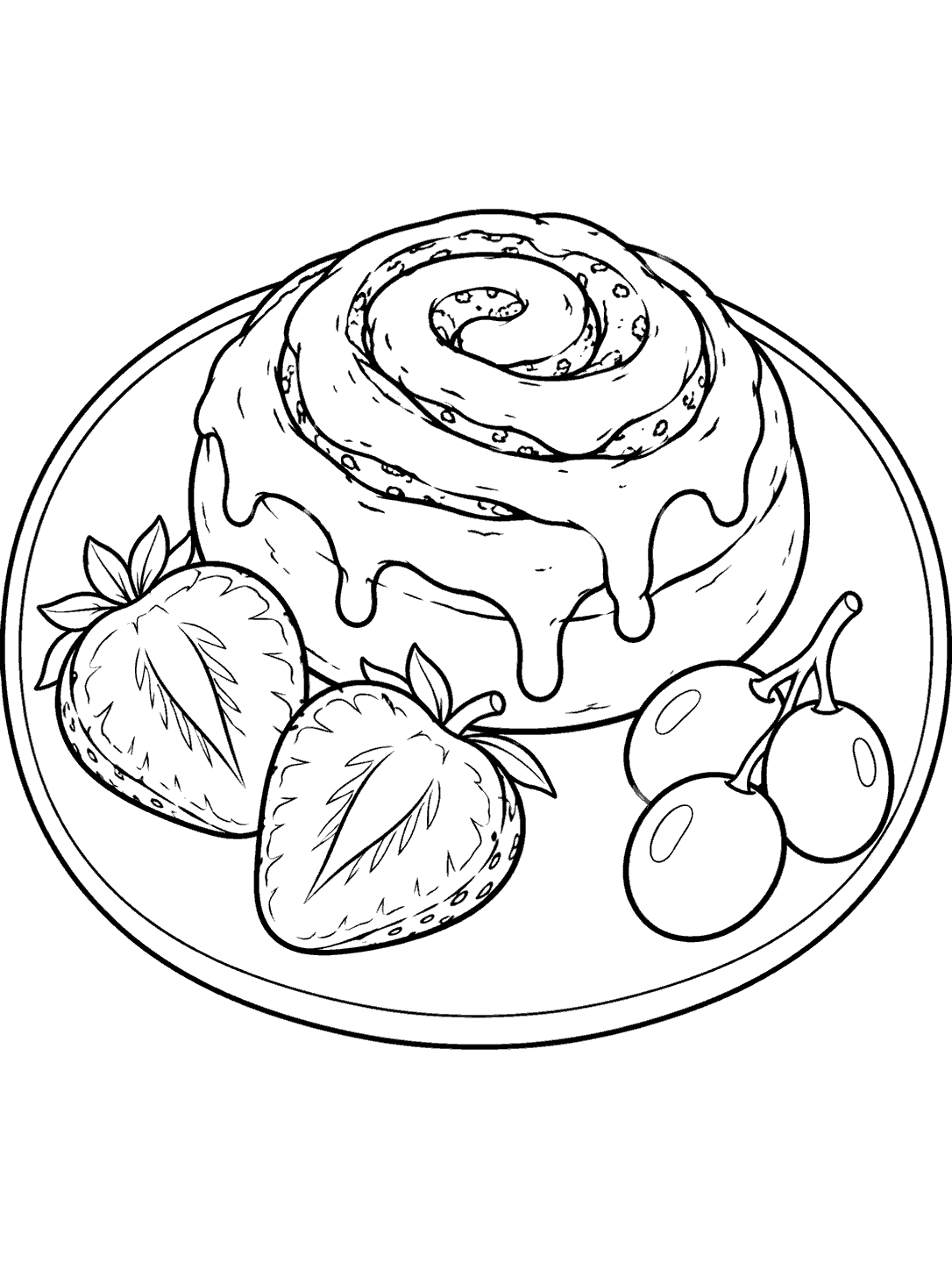 Coloring page showing a frosted cinnamon roll, two strawberry halves, and three grapes on a plate