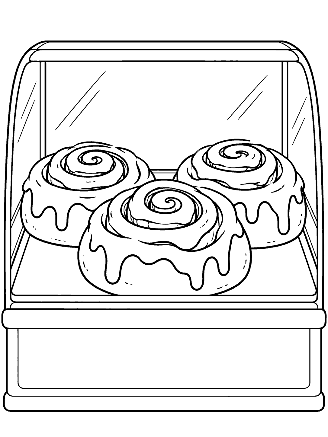 Three cinnamon rolls with visible spirals on a shelf inside a glass bakery display case coloring page
