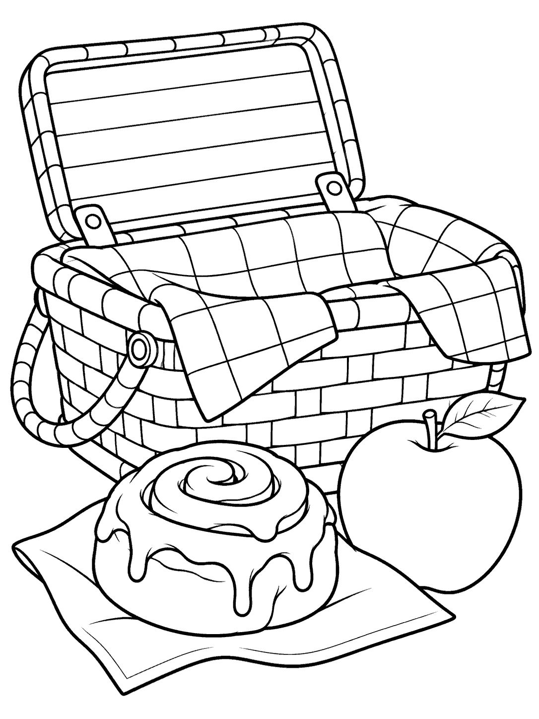 Cinnamon roll, apple, and checked cloth in an open picnic basket coloring page