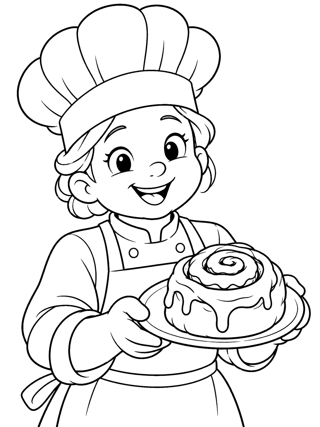 Smiling chef in a tall hat and apron holding a plate with an iced cinnamon roll.