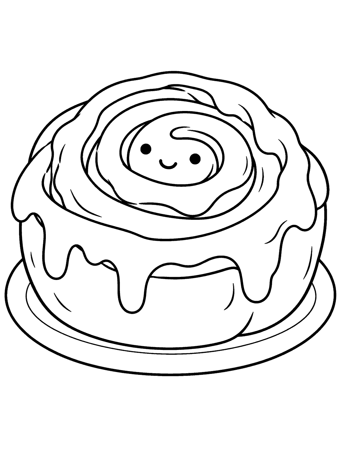 Large cinnamon roll with a smiling face on a plate, outlined as a coloring page