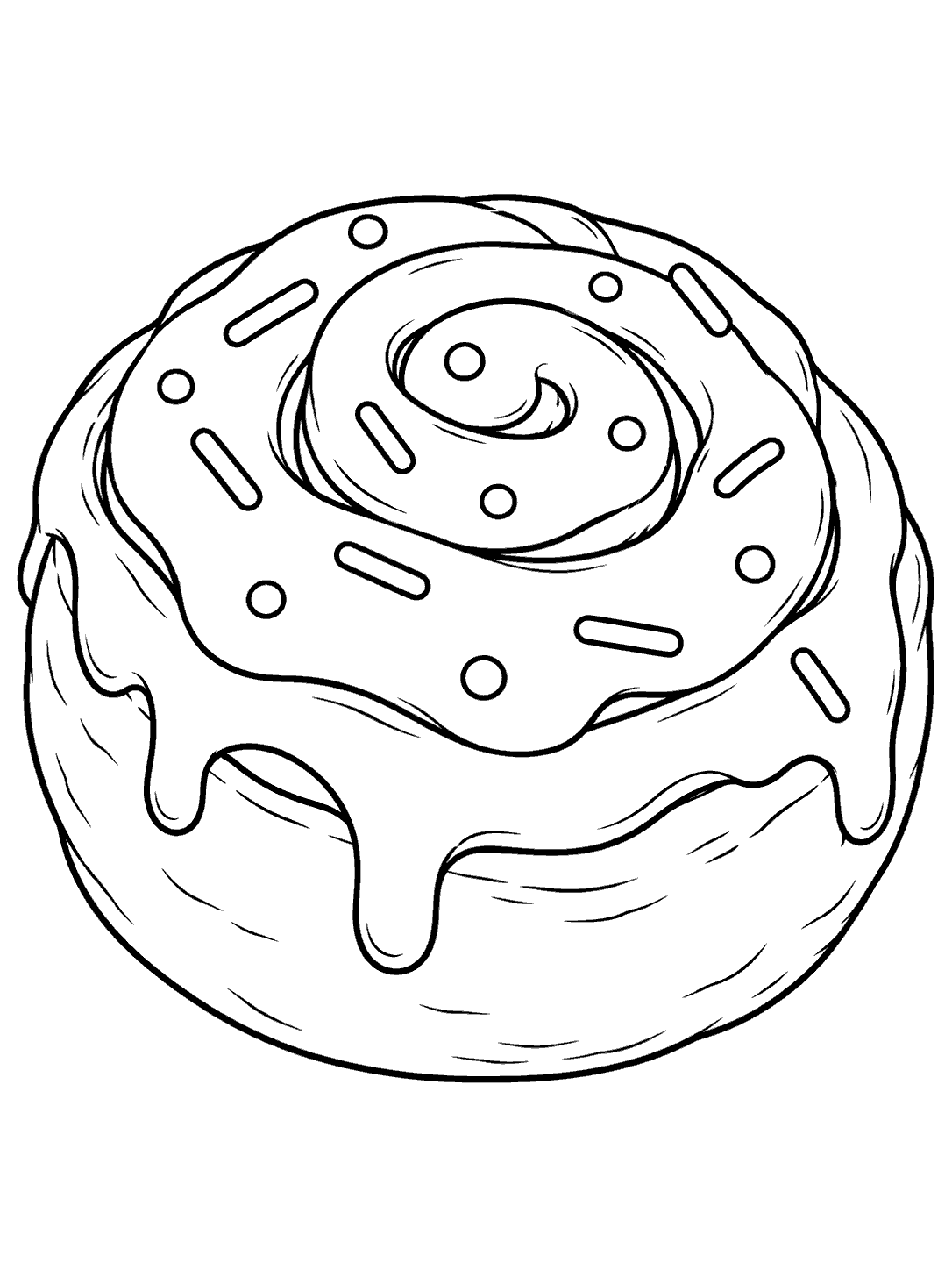 Cinnamon roll topped with icing and separated sprinkles, shown as a coloring page.