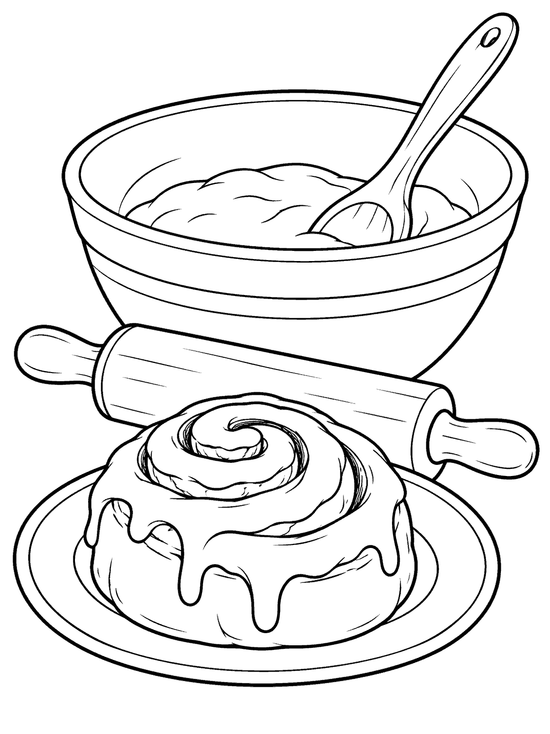 Cinnamon roll on a plate with a mixing bowl, spoon, and rolling pin in a printable coloring page.