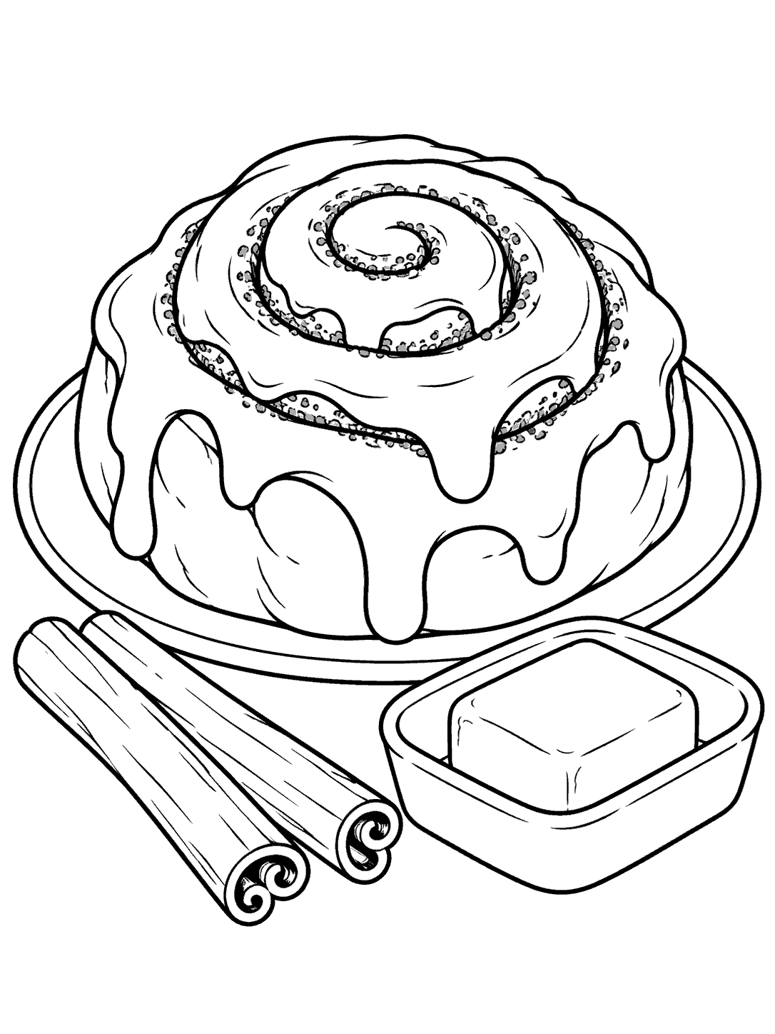 Cinnamon roll with cinnamon sticks and butter coloring page