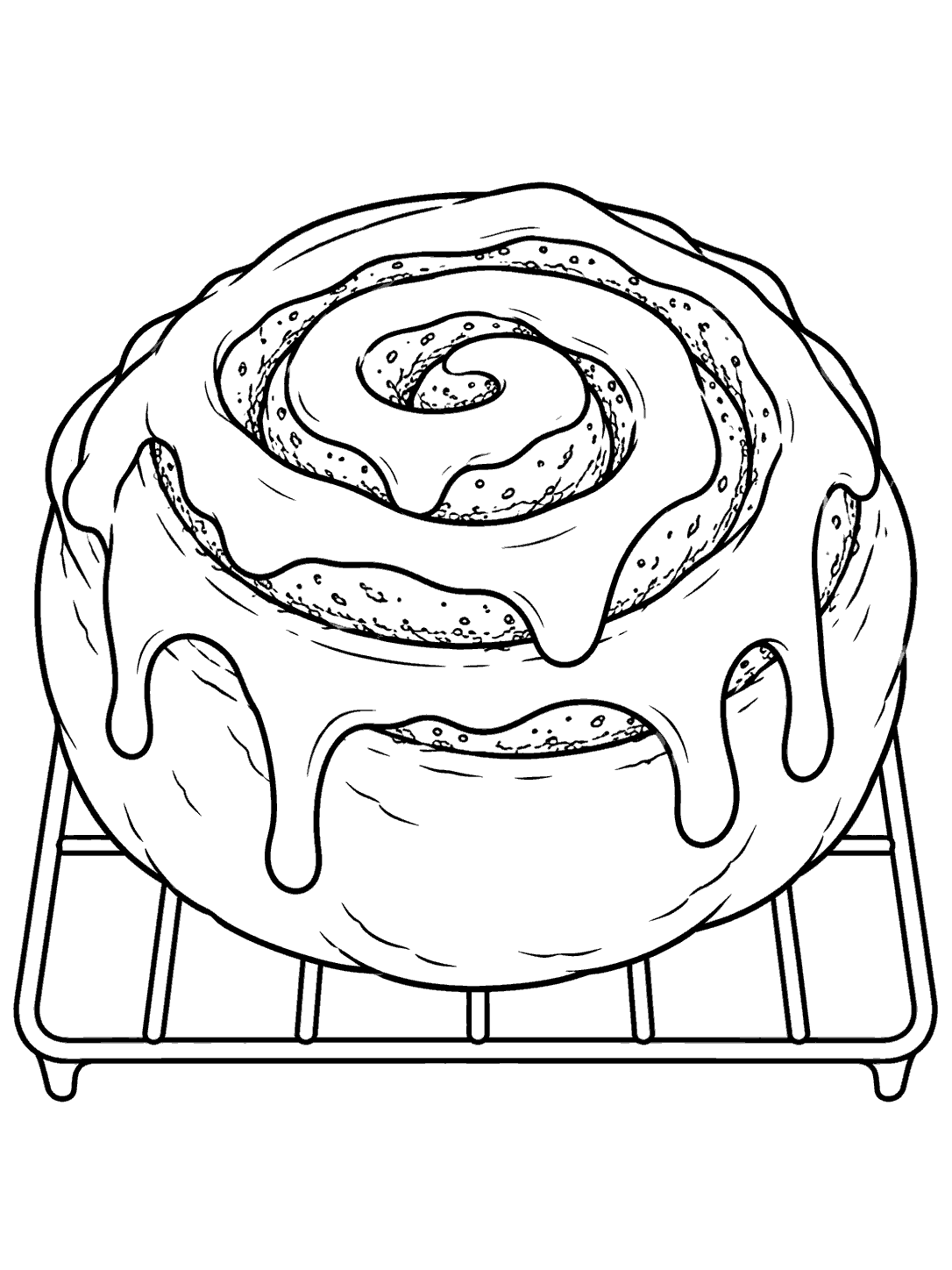 Large spiral cinnamon roll with icing on a cooling rack, in black and white line art.