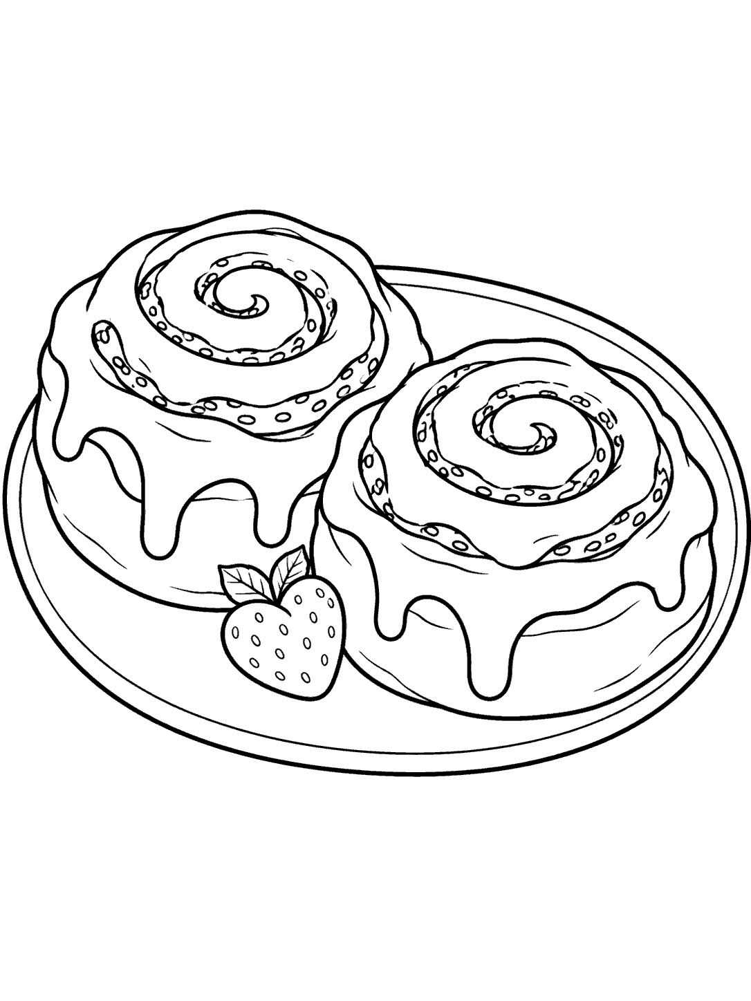 Two cinnamon rolls with a heart-shaped berry on an oval plate, drawn as a coloring page