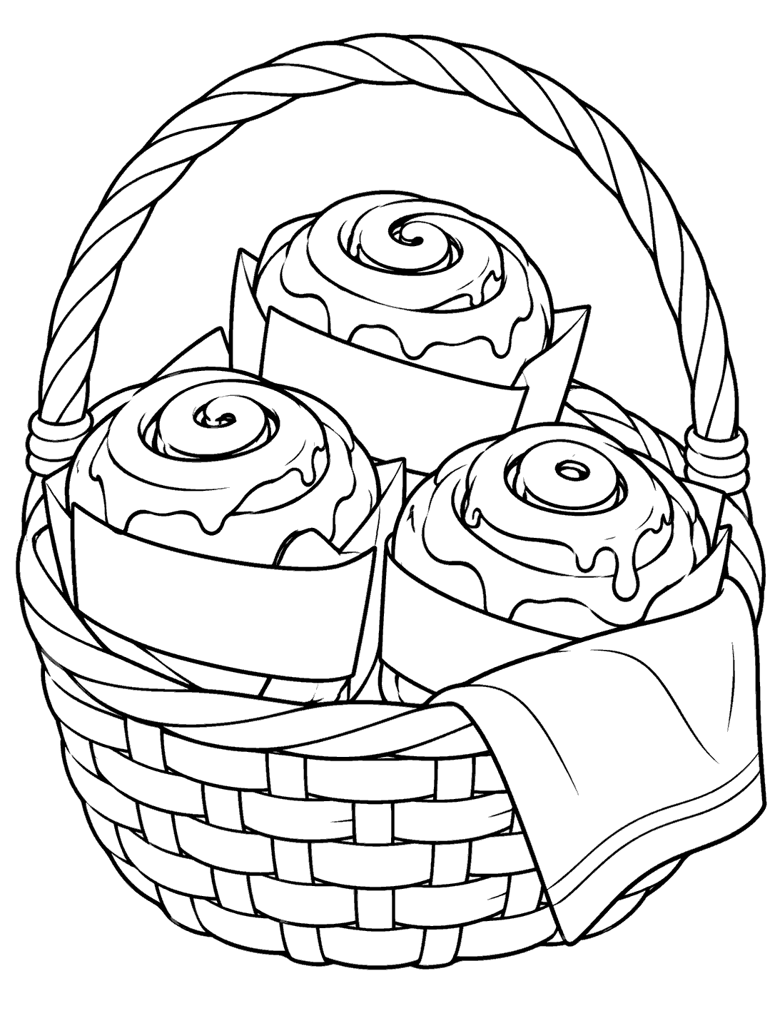 Black line art of three cinnamon rolls in blank paper bands inside a handled basket, with a folded cloth over the edge.