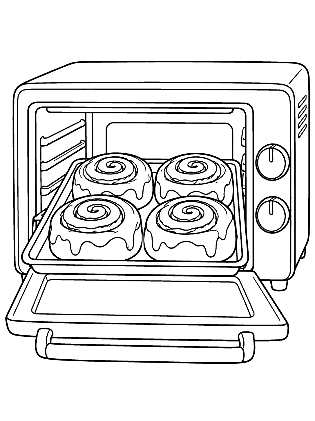 Coloring page showing four cinnamon rolls on a tray inside an open countertop oven