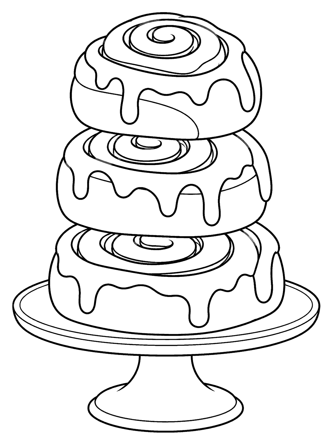 Three drizzled cinnamon rolls with visible spirals stacked on a cake stand in a black-and-white coloring page.
