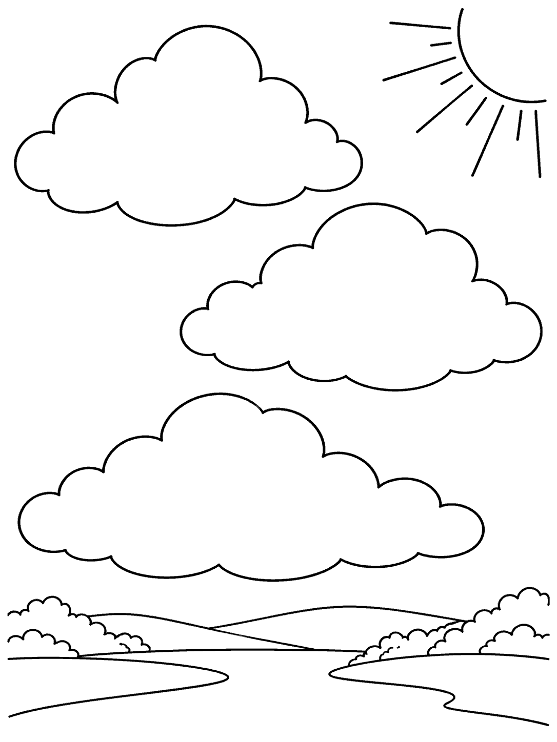 Three large outlined cumulus clouds above low hills and a winding stream, with a partly visible sun in the upper corner.