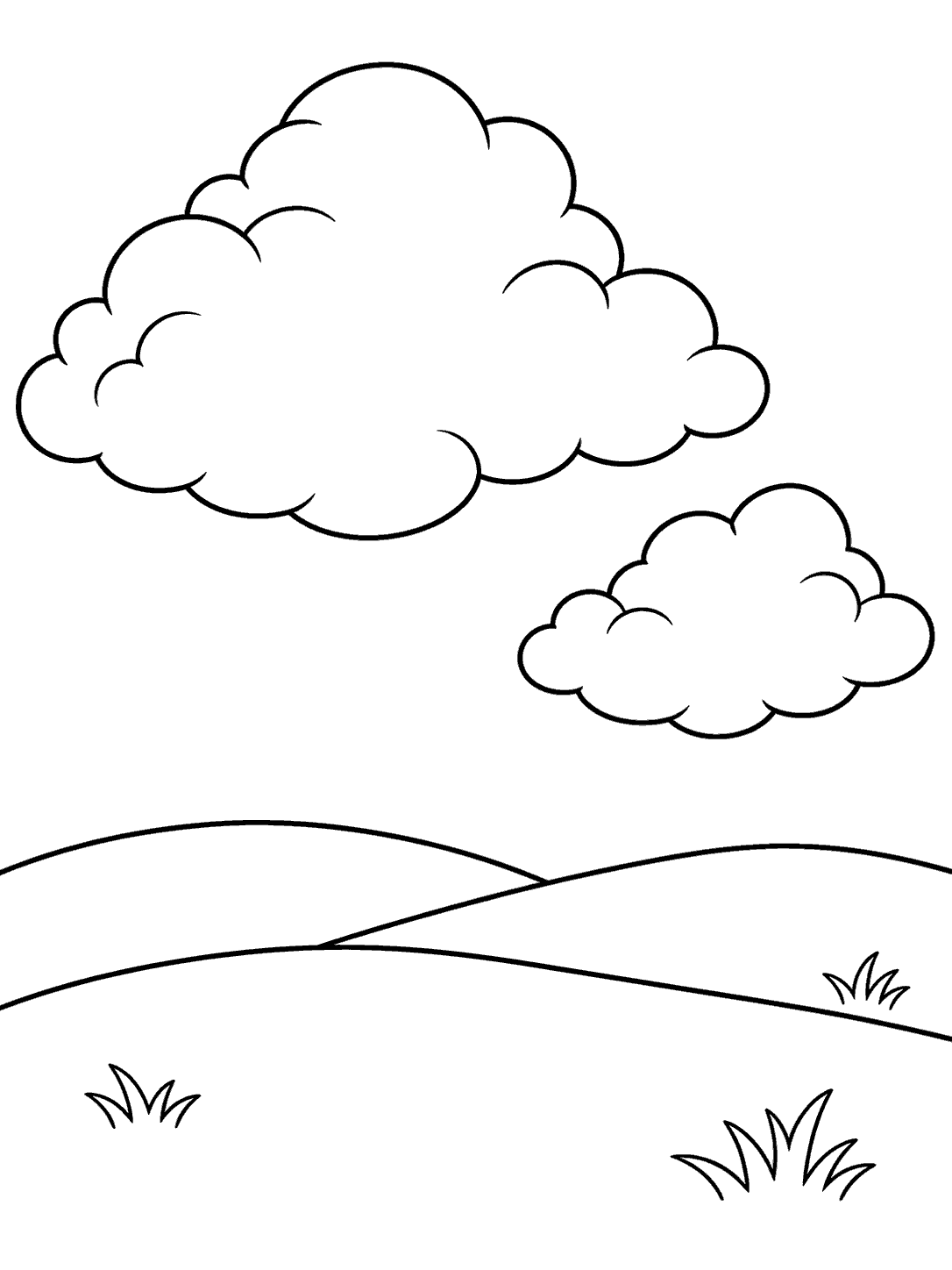 Two outlined cumulus clouds of different sizes above three rolling hills, with a few grass tufts in the foreground.