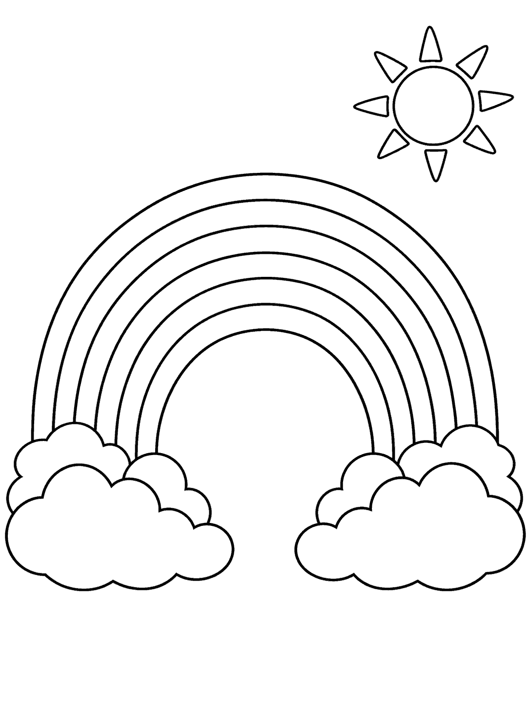 A black-outline rainbow arch rising from two cloud banks, with a small sun near the top of the page.