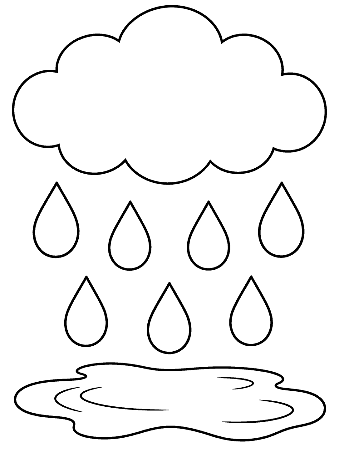 A large scalloped cloud above seven separated raindrops and a wide puddle, drawn in black outlines on white.