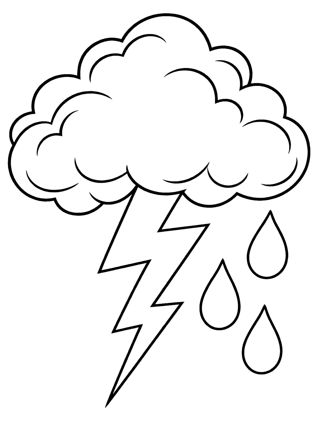 A large outlined thundercloud above a long zigzag lightning bolt, with three raindrops to the right.