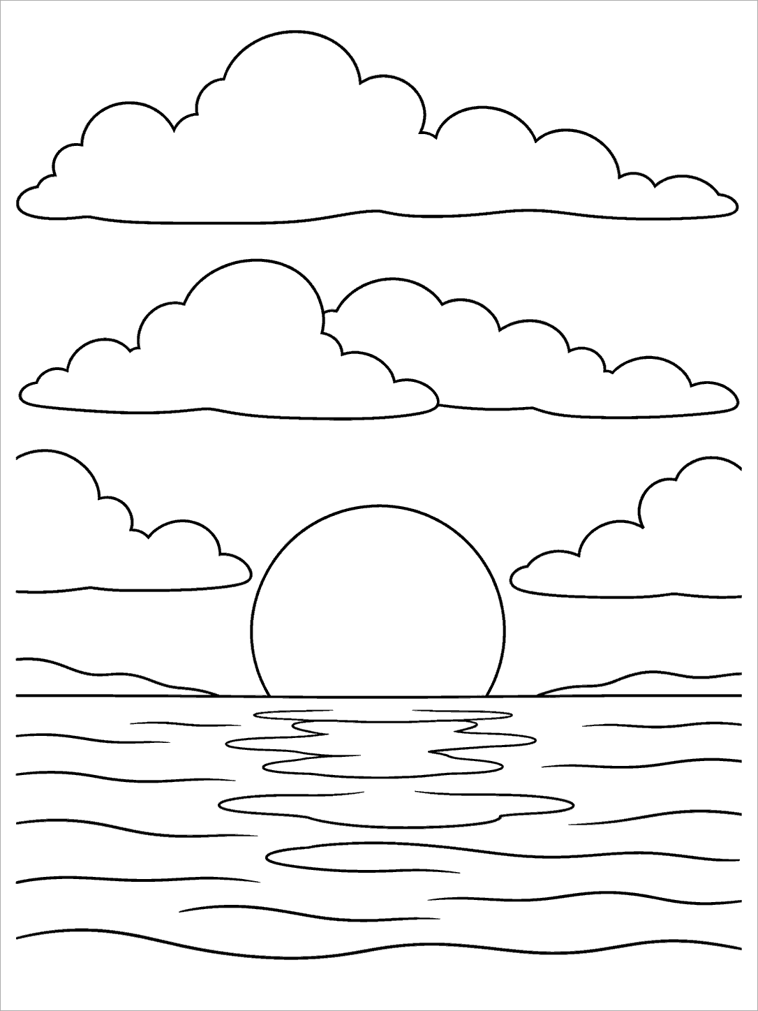 Rounded cloud bands above and beside a setting sun on the horizon, with simple water lines below.