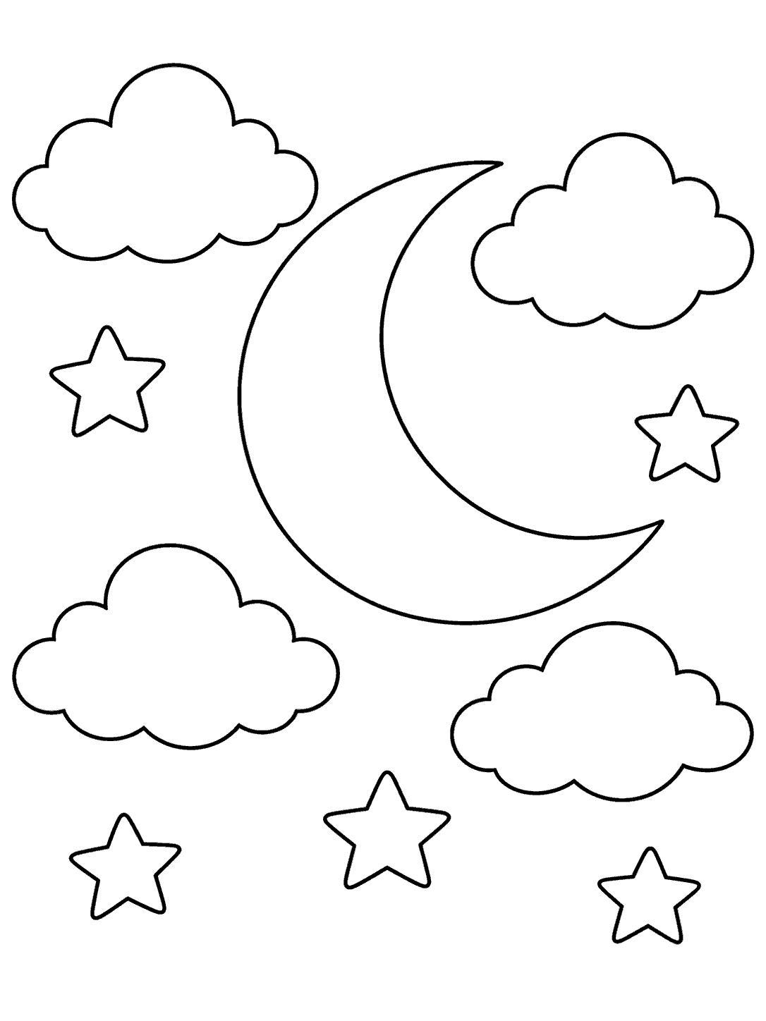 Large crescent moon surrounded by four rounded clouds and five widely spaced stars in a black-and-white coloring page.