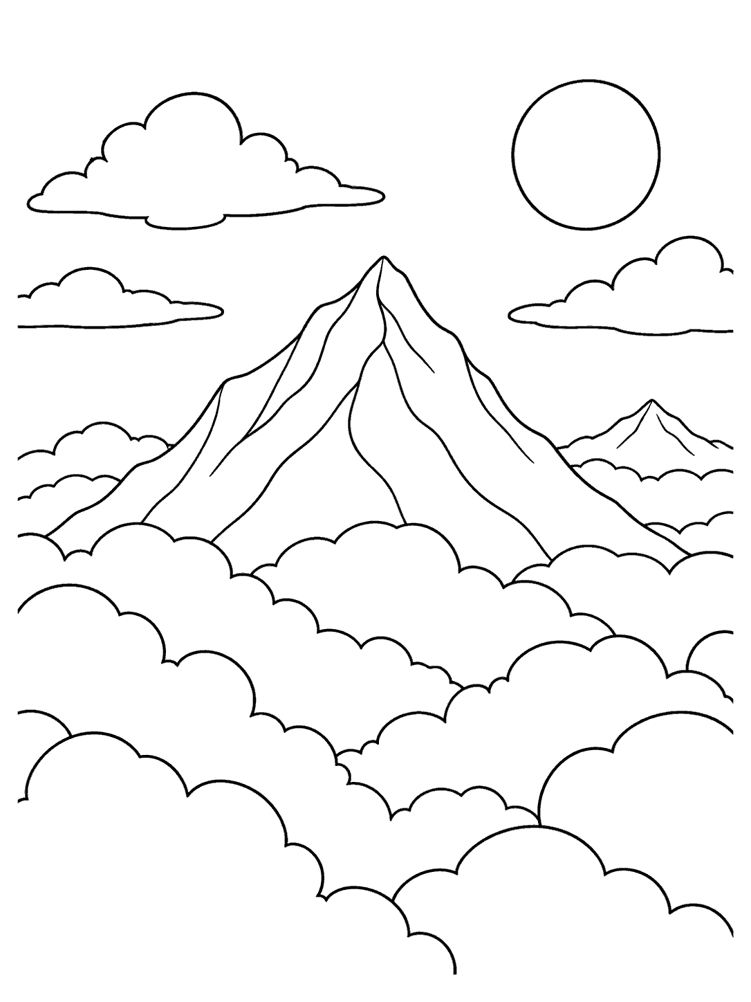 A prominent mountain summit and a distant smaller peak rise above layers of rounded clouds, with a sun and clouds overhead.