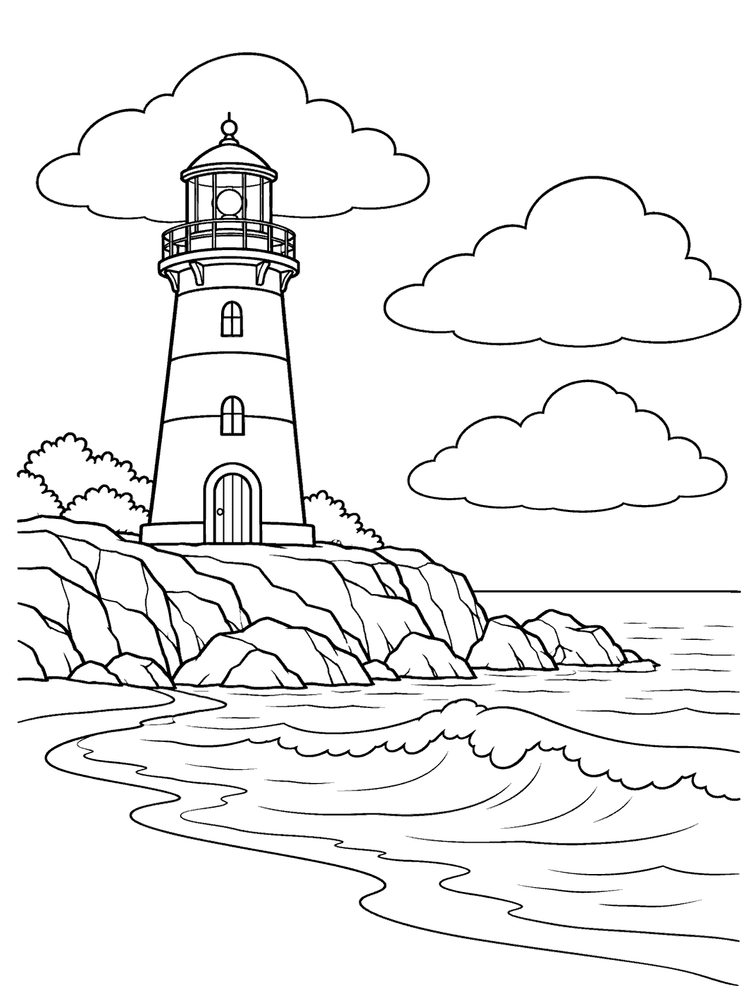 Black line art of a lighthouse on a rocky coastal headland beneath three clouds, with a curved shoreline and gentle waves.