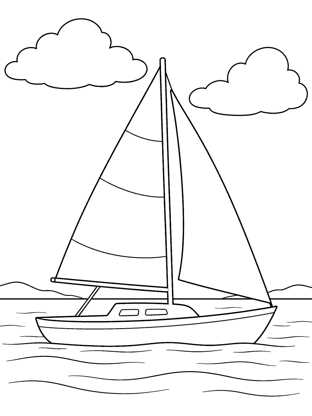 Sailboat on calm water beneath two clouds
