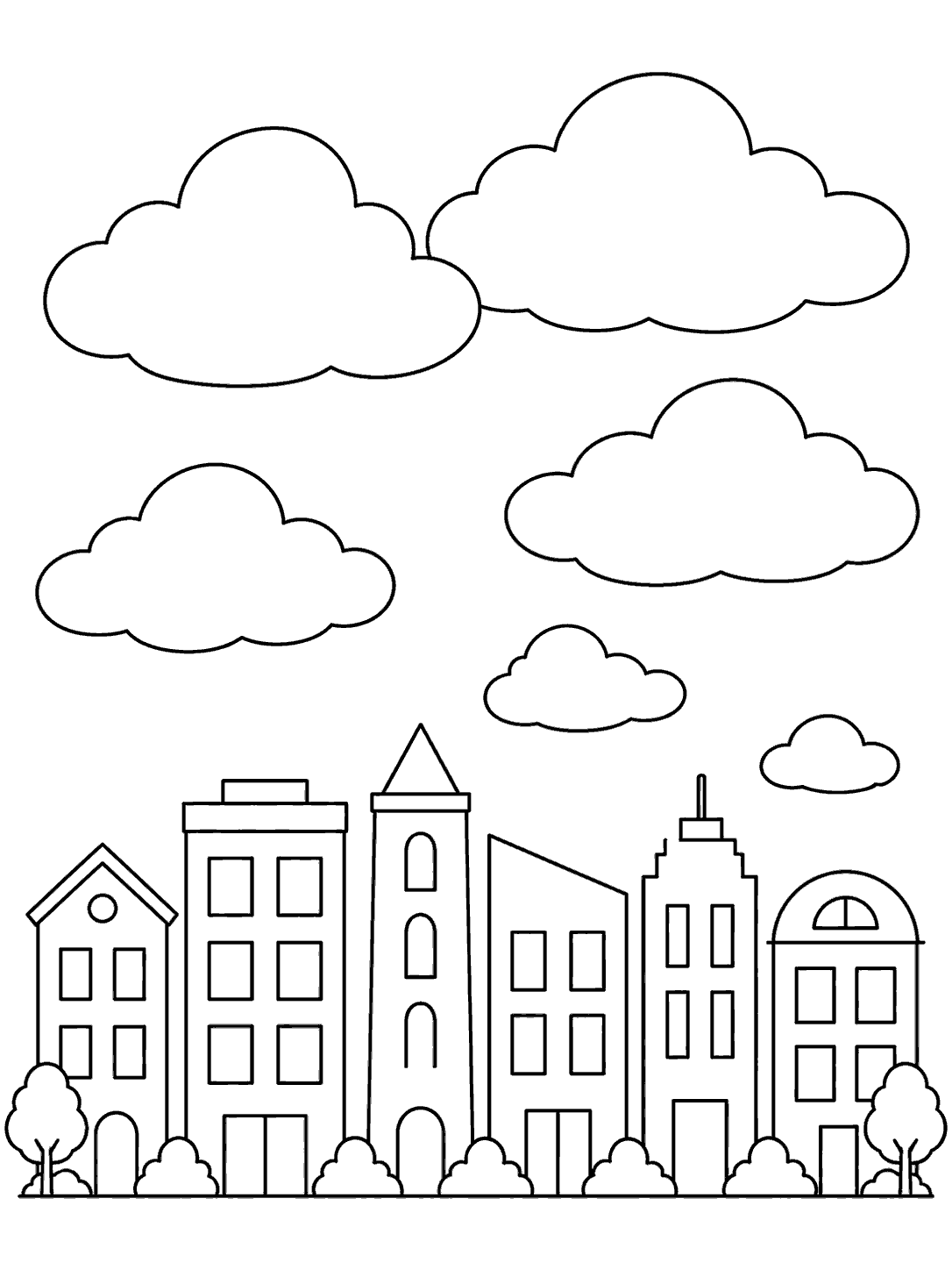 Rounded clouds above six varied city buildings, outlined for coloring.