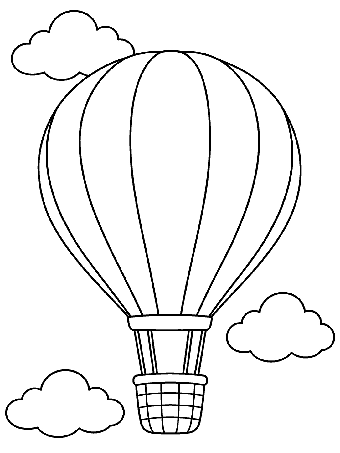 A large paneled hot-air balloon with a small basket floats between three rounded clouds, drawn in clean black outlines on white.