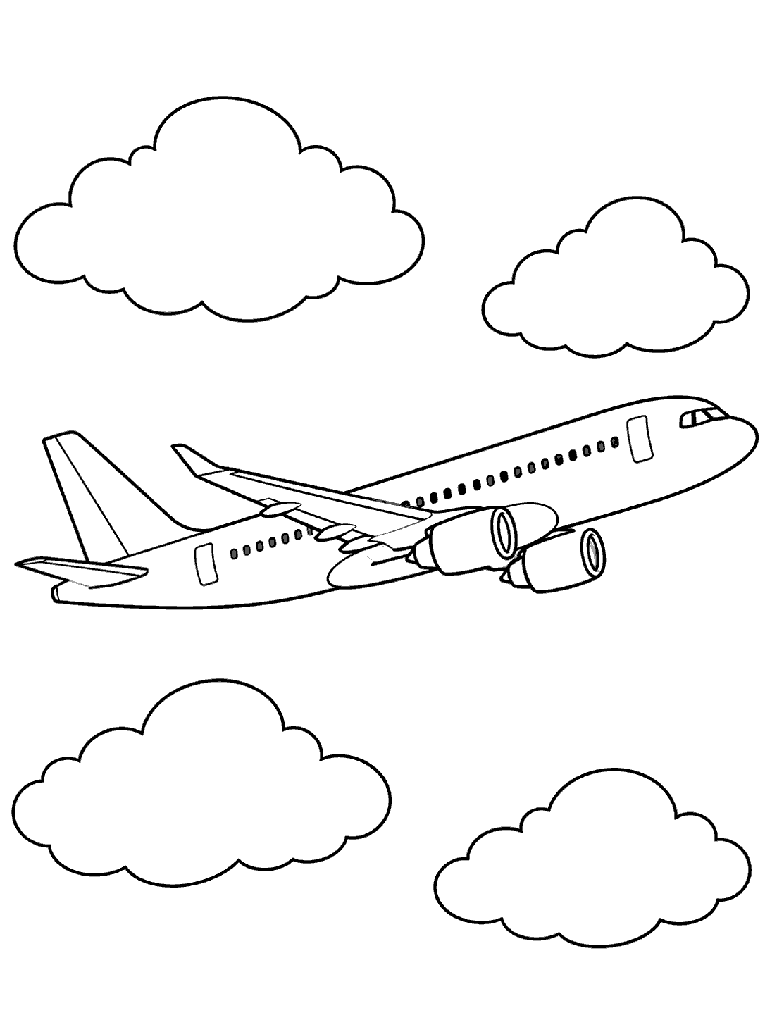 Passenger airplane with four scattered clouds in clean black line art