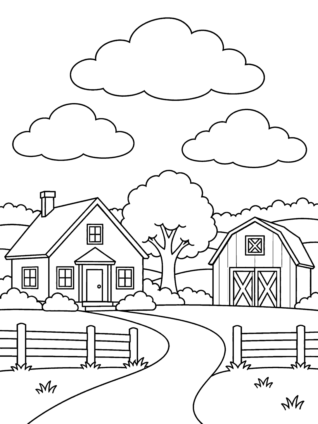 Farmhouse and barn below broad clouds