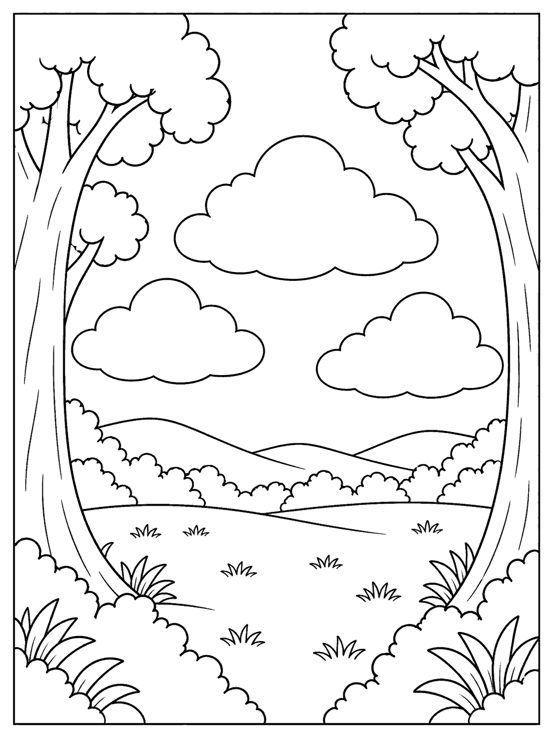 Three large clouds above a meadow, framed by trees and rounded foliage.