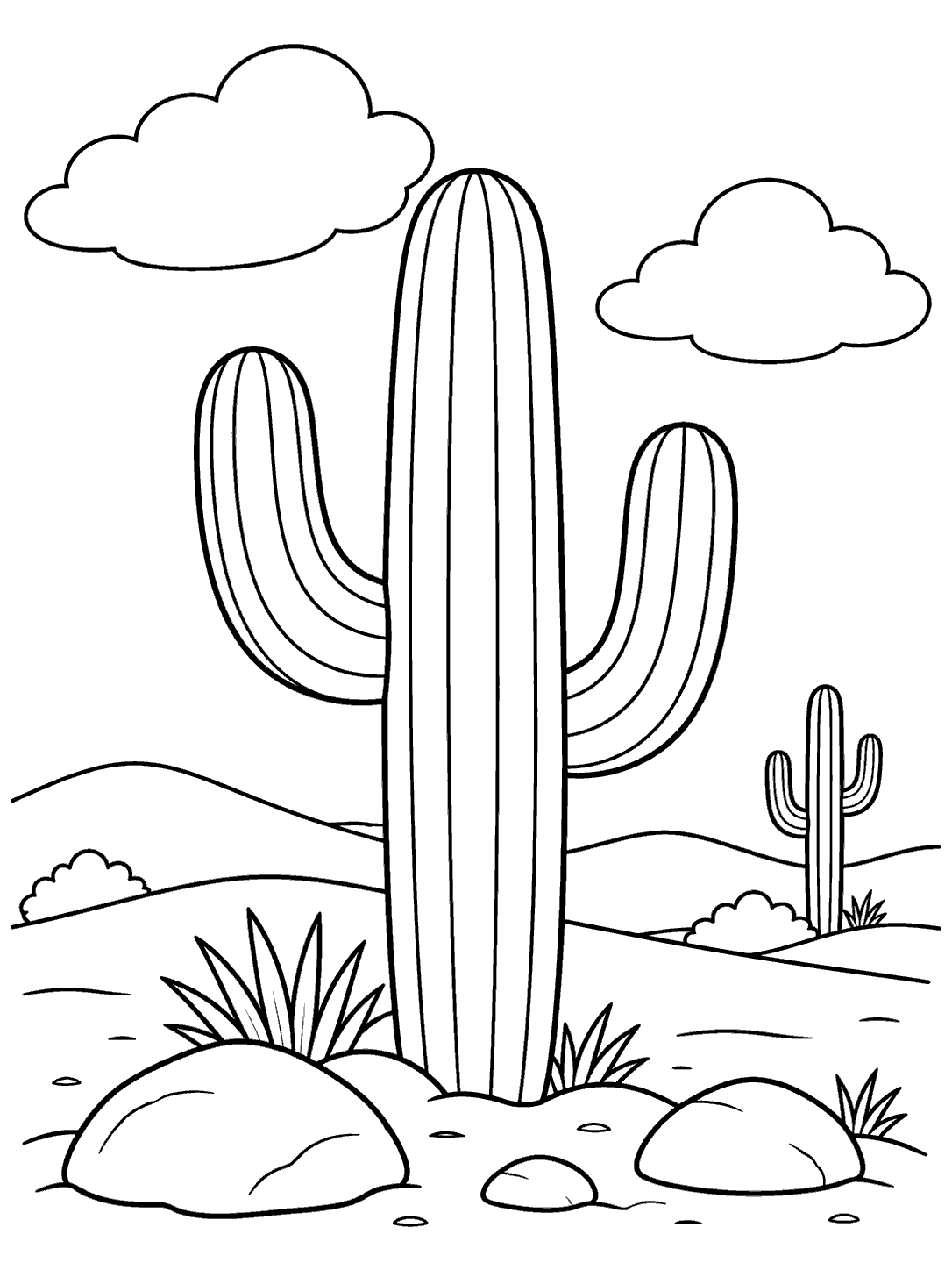 Large saguaro cactus with a smaller distant cactus, two clouds, low dunes, and stones, drawn in black outlines on white.