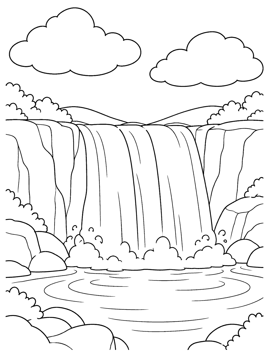 Black outline coloring page of a broad waterfall, pool, and two clouds overhead.