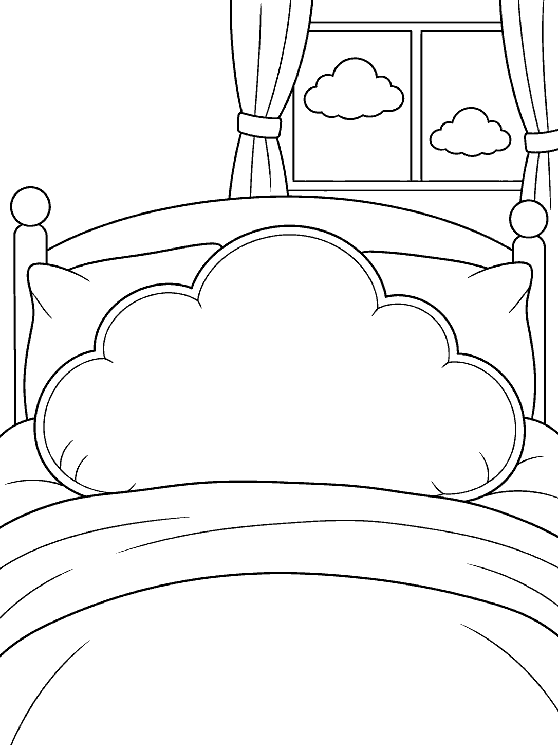 Oversized scalloped cloud pillow centered on a bed, with a window and two clouds outside